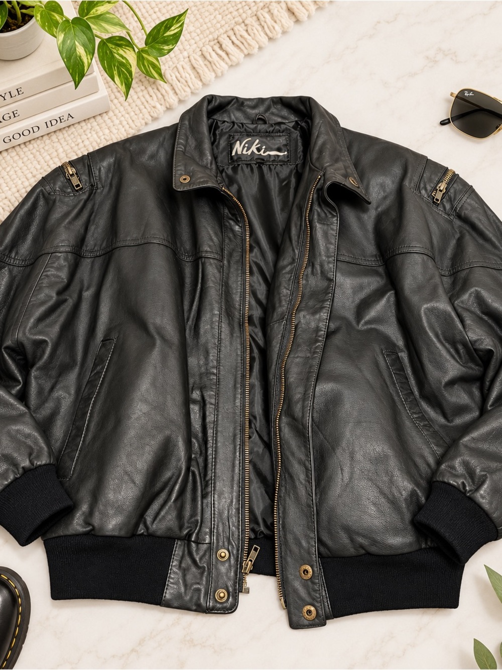 Vintage Niki Men’s Black Genuine Leather Bomber Jacket Large 80s 90s Moto
